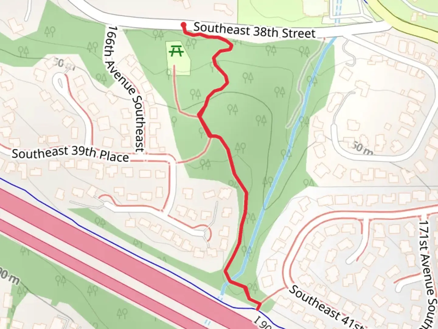 An image depicting the trail Southeast 38th Street Walk - South and its surrounding area.