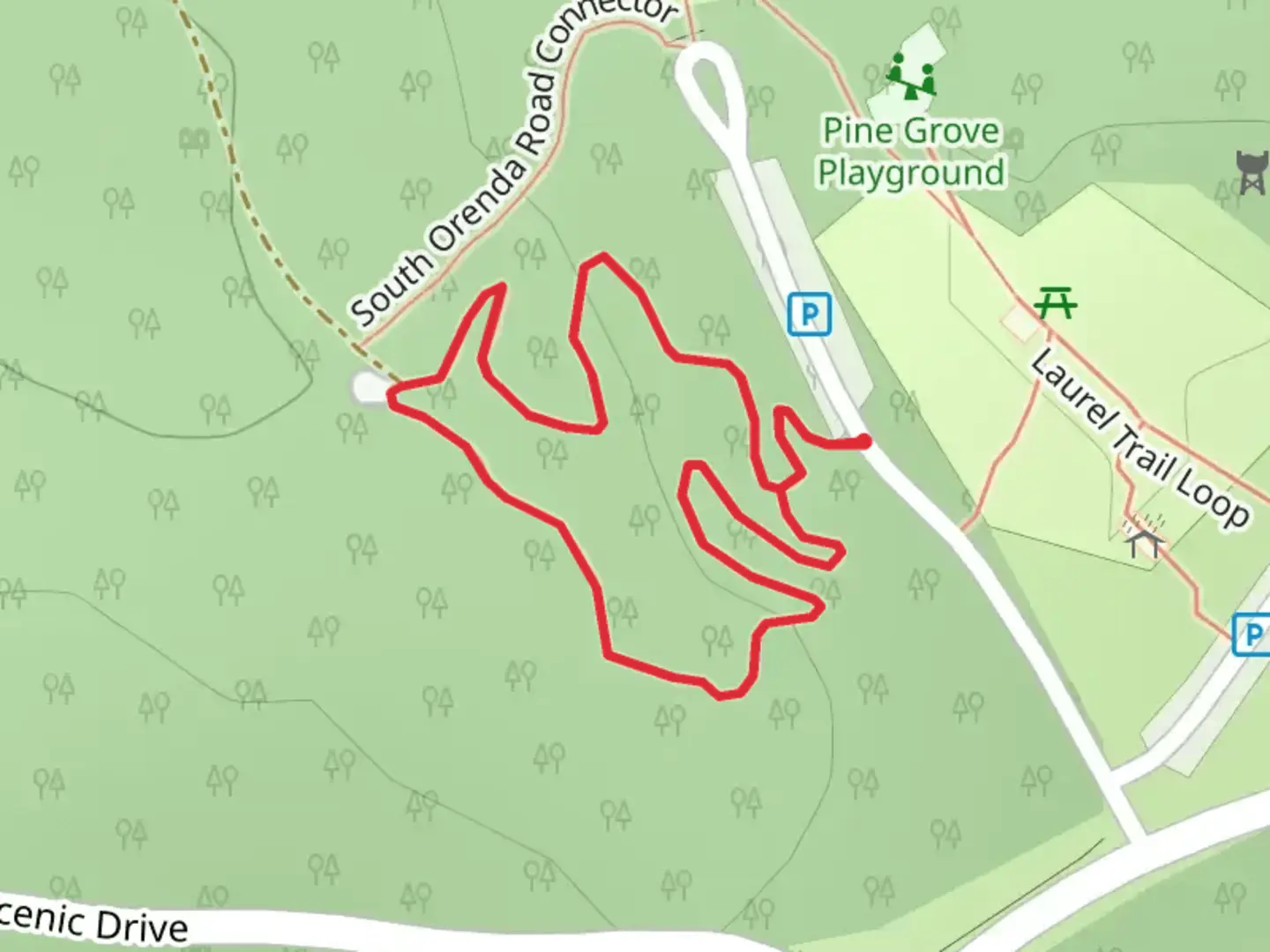 An image depicting the trail Park Entrance Road Loop and its surrounding area.