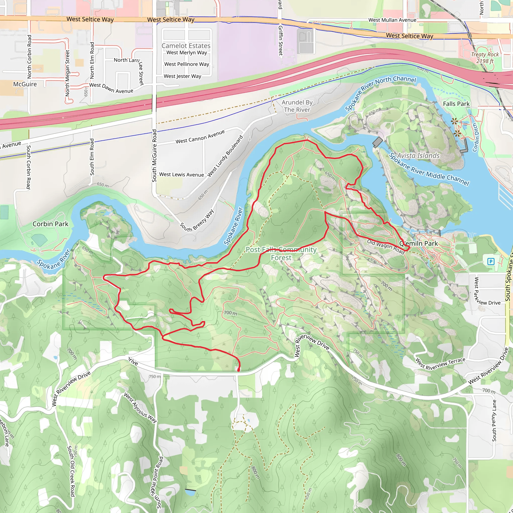 Q'emiln Park and Post Falls Community Forest Loop mobile static map