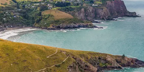 An image depicting the trail Crater Rim Walkway to Godley Head Walkway and its surrounding area.