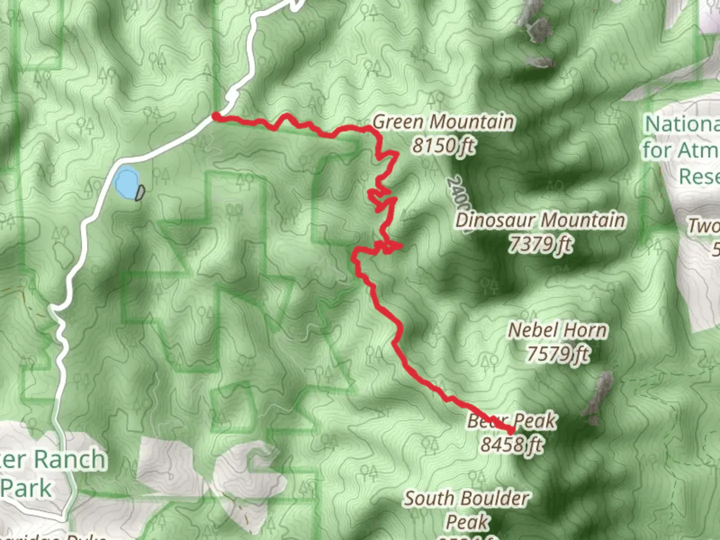 An image depicting the trail Bear Peak via Green Mountain West Ridge Trail and its surrounding area.