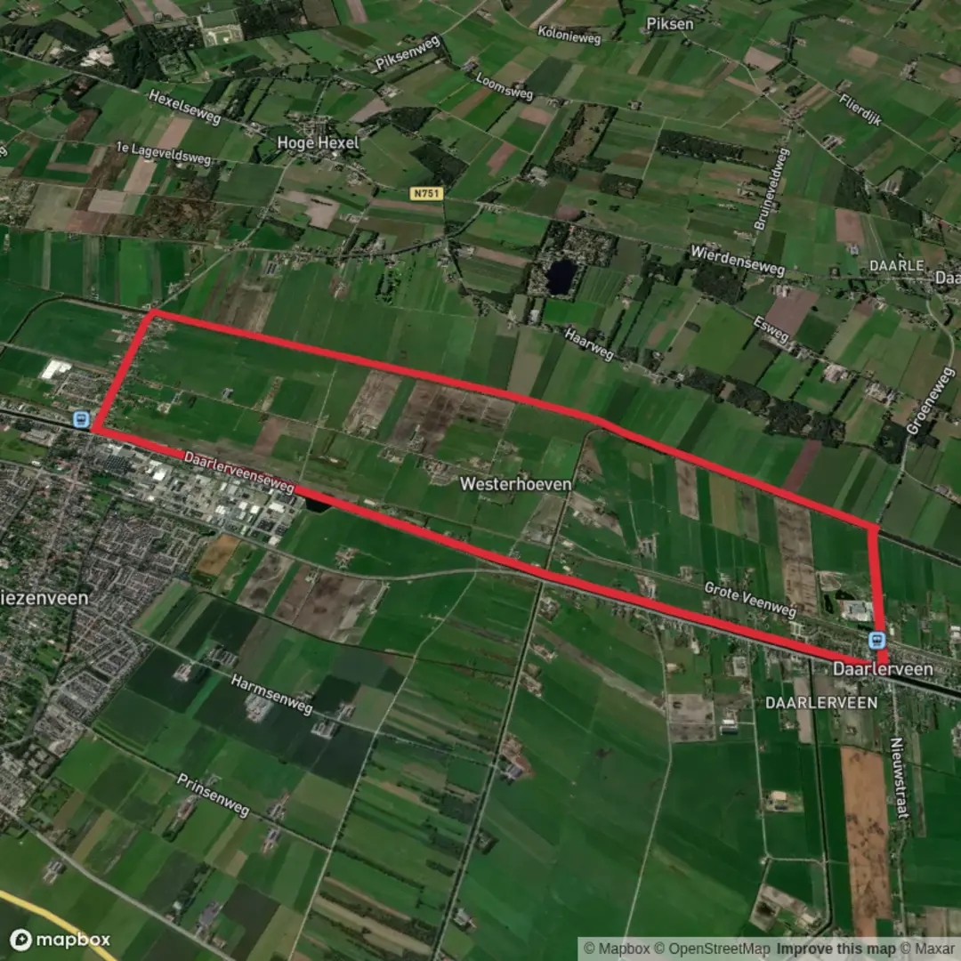 An image depicting the trail Veerneleiding via Daarlerveense Weg and its surrounding area.