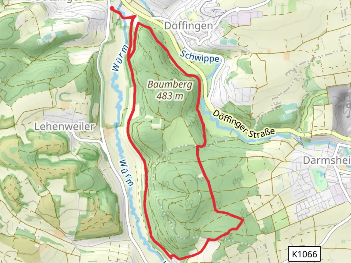 An image depicting the trail Burschelberg, Kieneberg and Hummelberg Loop and its surrounding area.