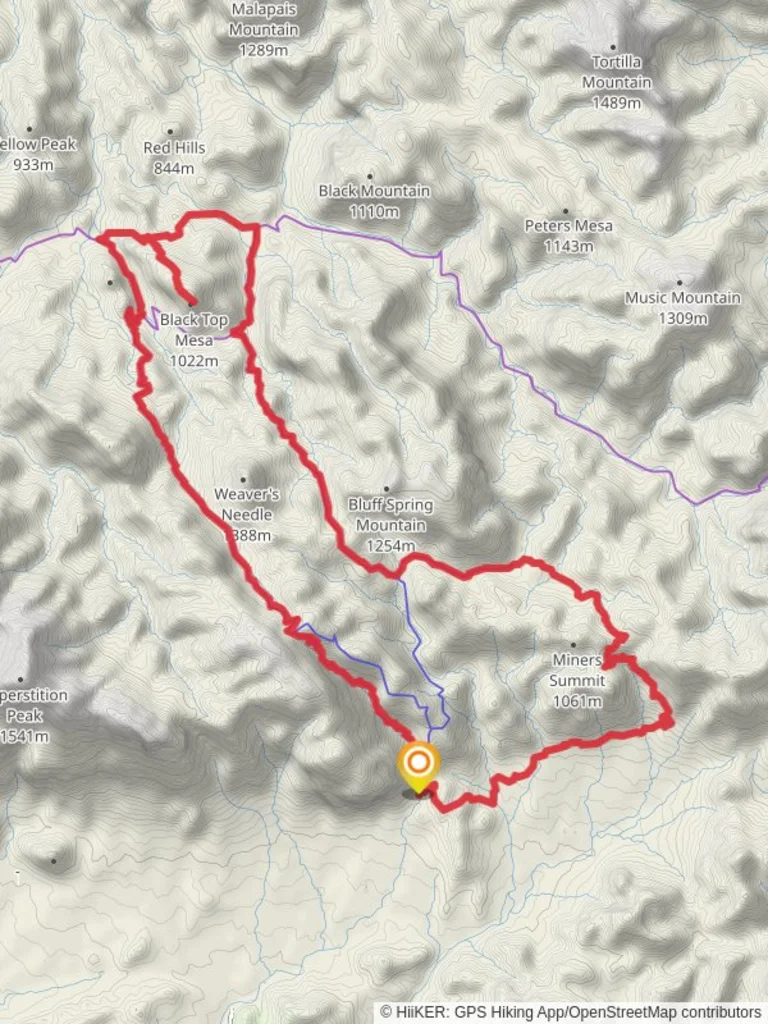 An image depicting the trail Black Top via Dutchman Trail and Peralta Loop Trail and its surrounding area.