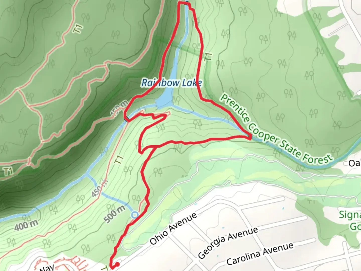 An image depicting the trail Bee Branch and Rainbow Lake Loop Trail and its surrounding area.