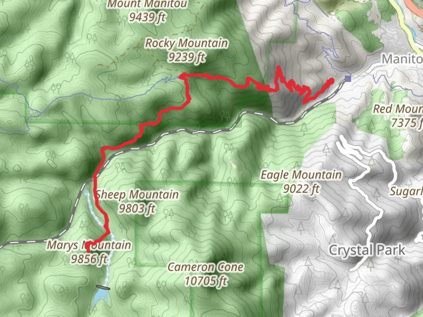 An image depicting the trail Marys Mountain via Barr Trail and its surrounding area.