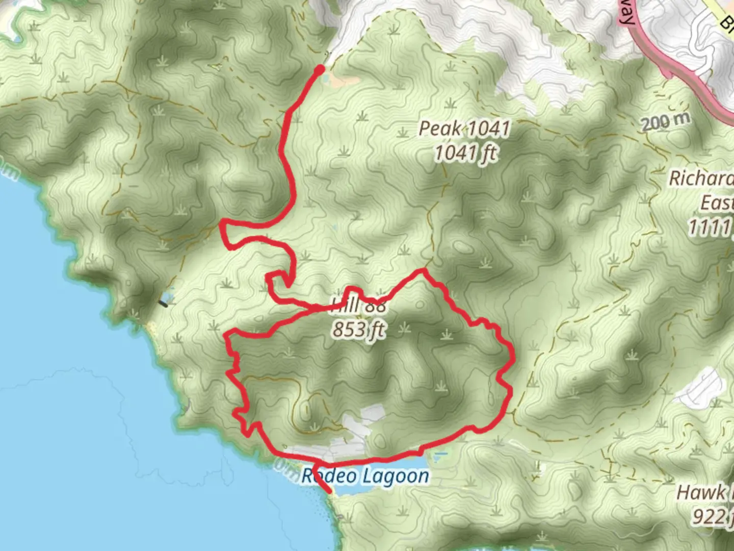 An image depicting the trail Rodeo Lagoon, Wolf Ridge and California Coastal Loop Trail and its surrounding area.