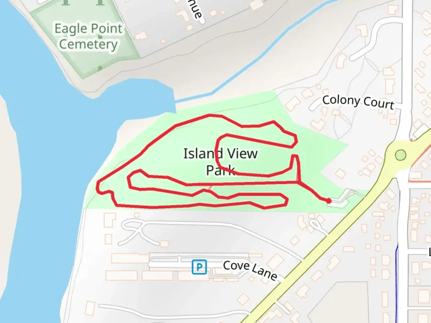 An image depicting the trail Island View Park Loop and its surrounding area.