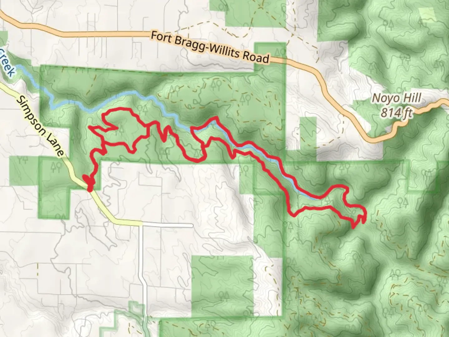 An image depicting the trail Hare Creek Loop from Simpson Lane and its surrounding area.