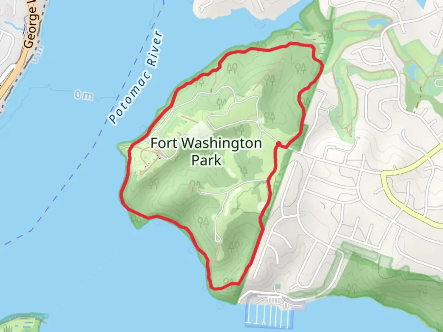 An image depicting the trail Fort Washington Park Loop - Long and its surrounding area.
