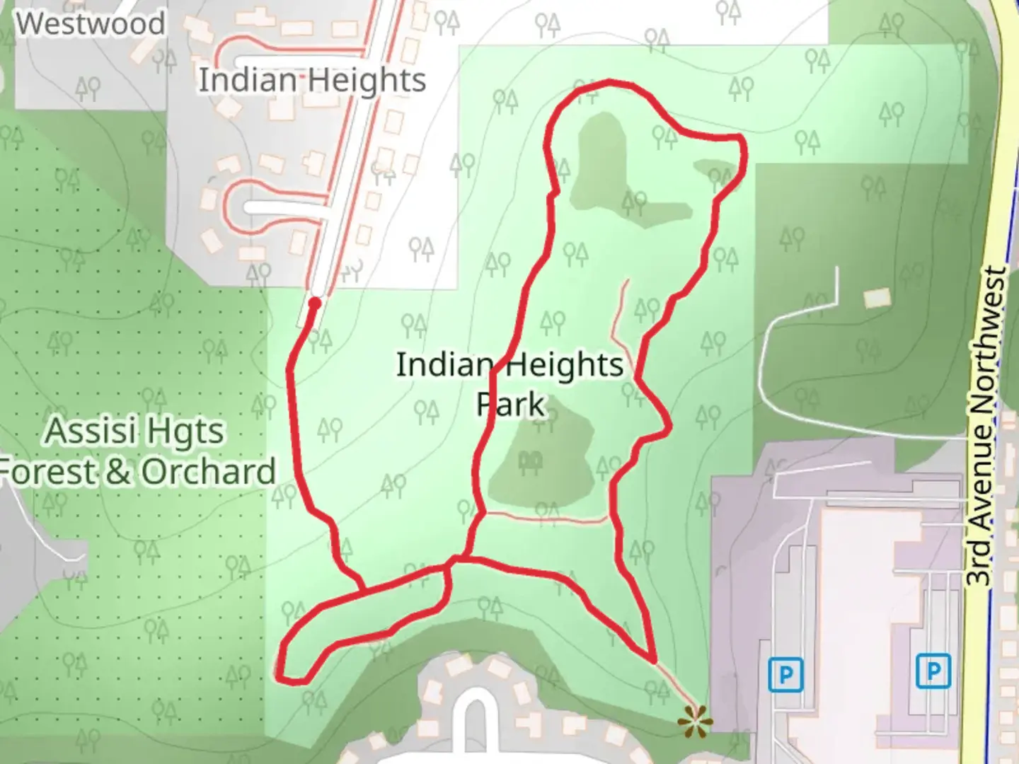 An image depicting the trail Indian Heights Park Loop and its surrounding area.