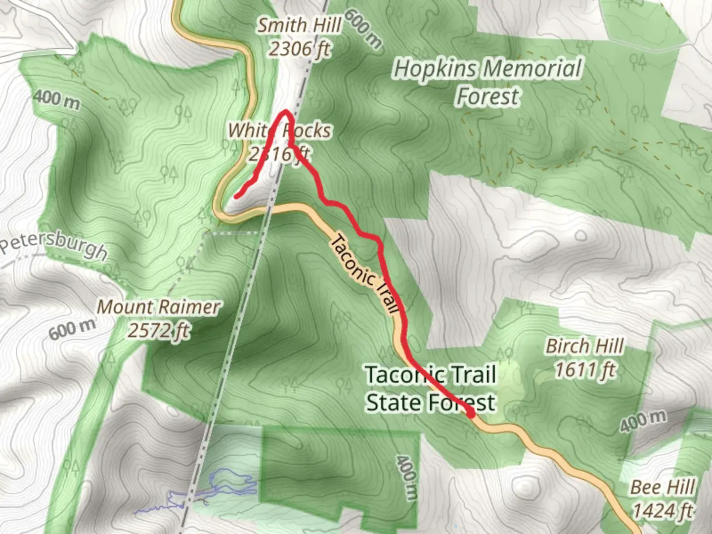 An image depicting the trail Petersburg Pass from Taconic Trail and its surrounding area.