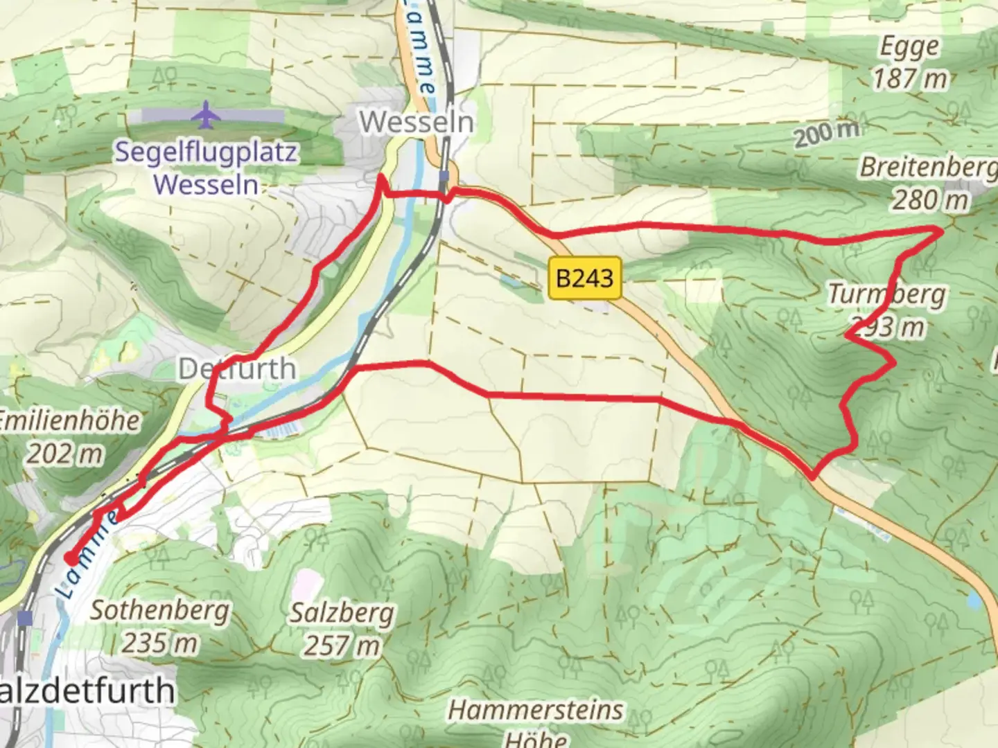 An image depicting the trail Drei Pappeln Loop and its surrounding area.