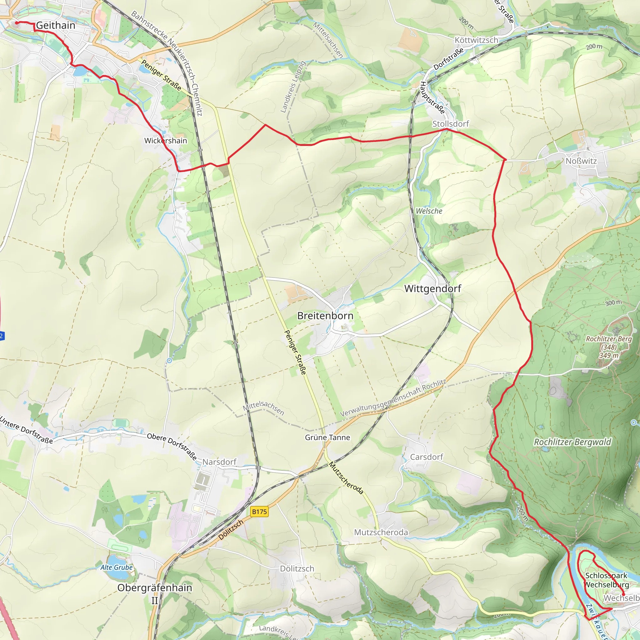 Wechselburg to Geithain via Porphyria Gesamtstrecke mobile static map