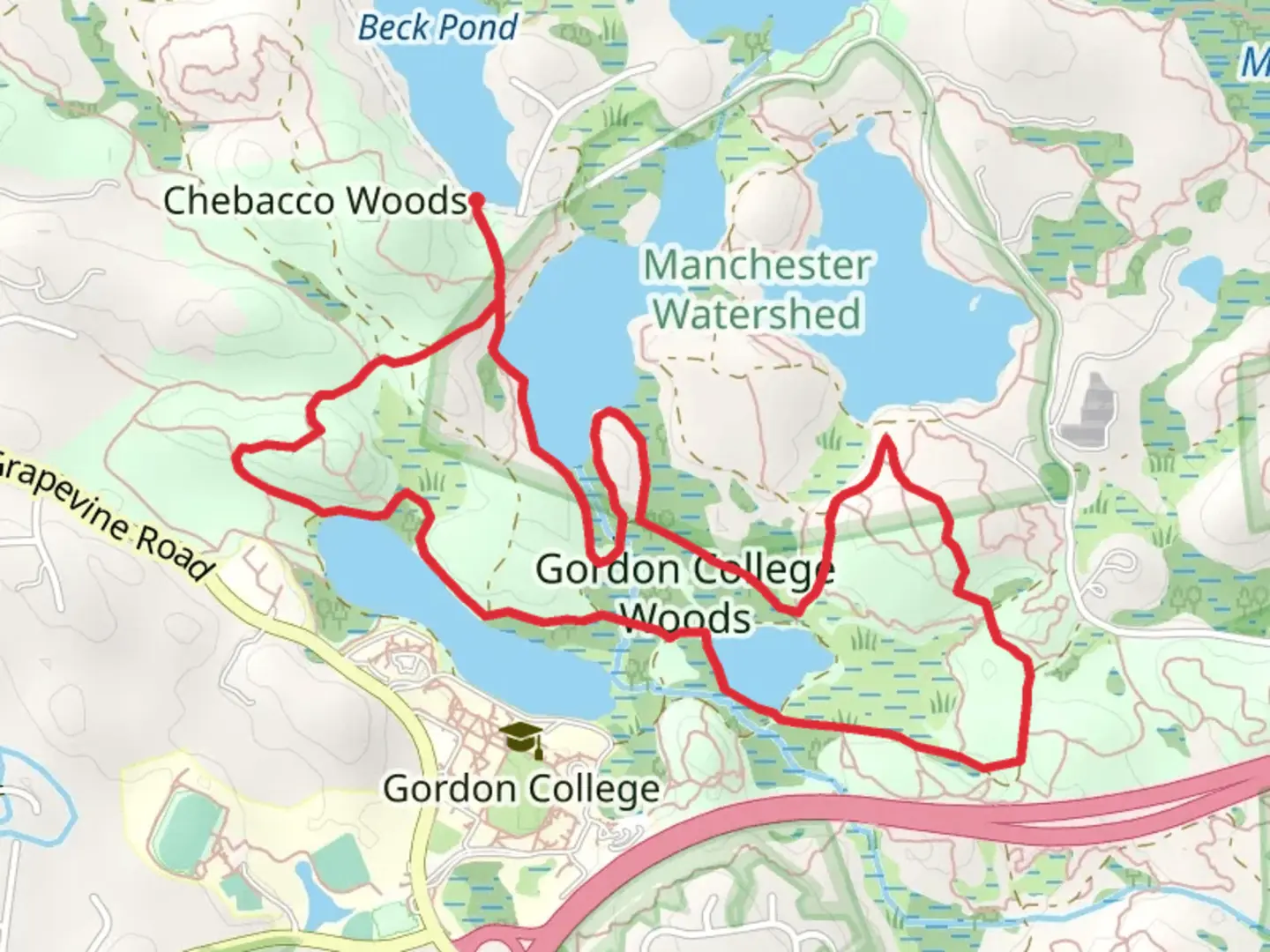 An image depicting the trail Gordon College Woods Loop and its surrounding area.