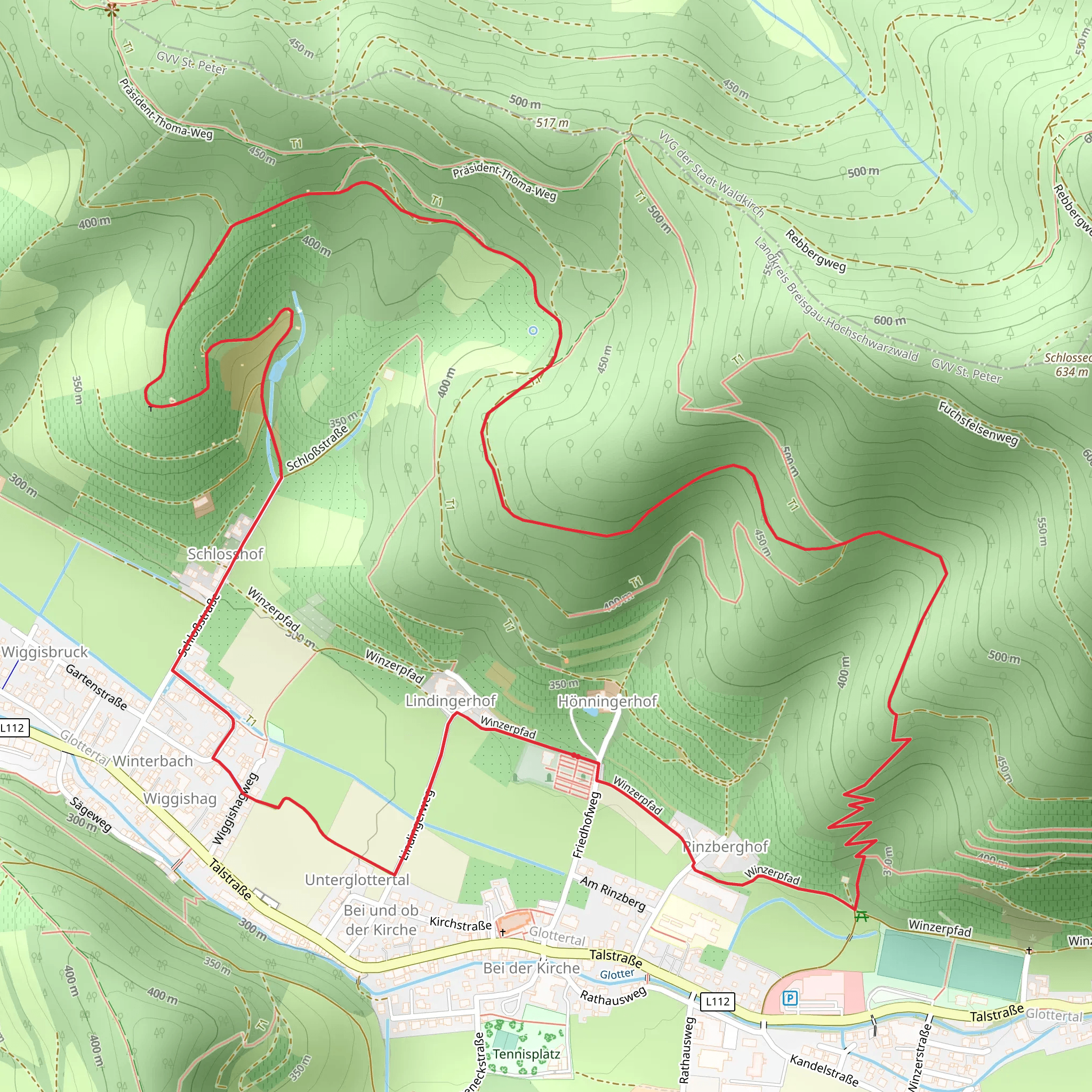 Lindingerhof, Schlossdobel and Eichberg Loop via Glottertaler Engelweg mobile static map