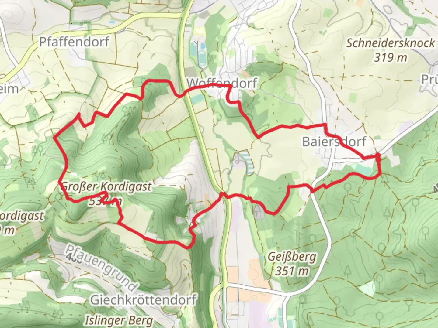 An image depicting the trail Kordigast Rundweg and its surrounding area.