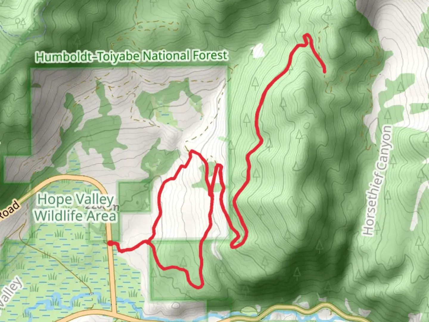 An image depicting the trail Horesthief Road Loop and its surrounding area.