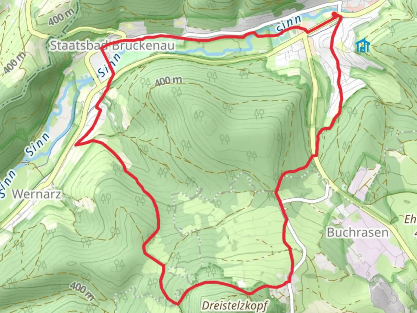 An image depicting the trail Rhoen Rundweg Sinntal and Kreuzbergweg and its surrounding area.
