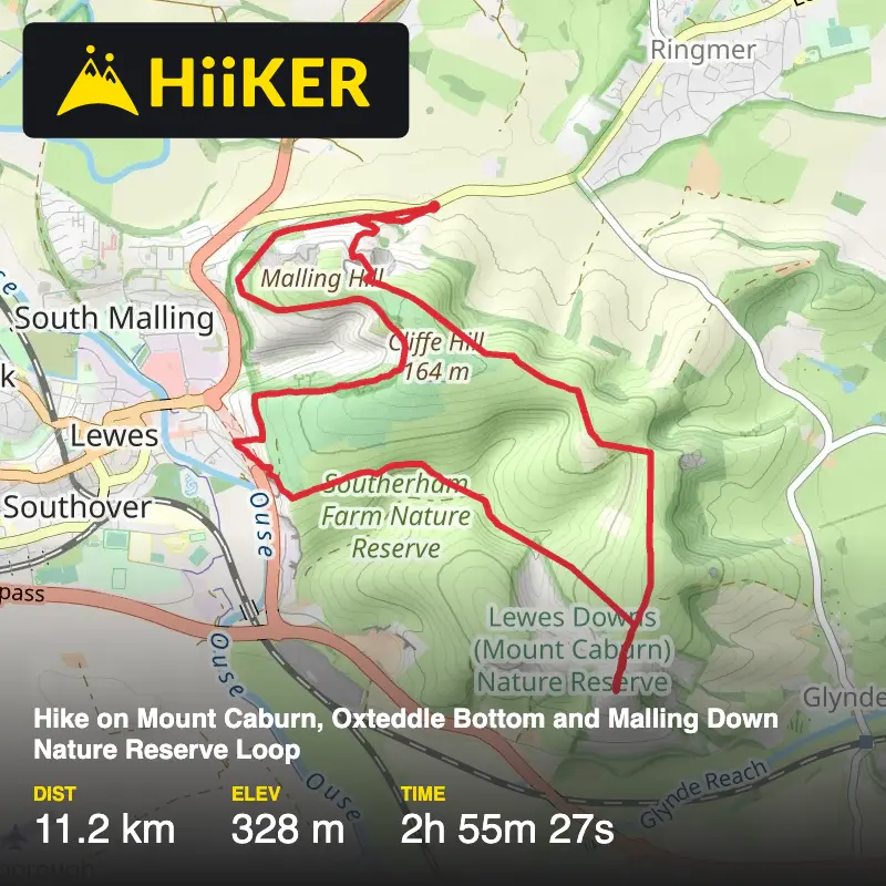 A map preview of the recording Hike on Mount Caburn, Oxteddle Bottom and Malling Down Nature Reserve Loop.