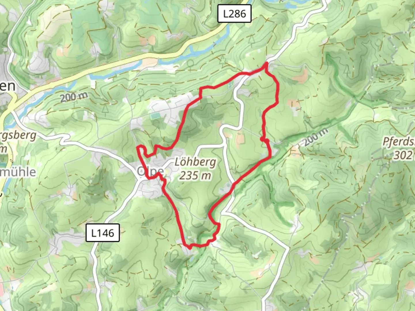 An image depicting the trail Rund um Kuerten and Denkmalweg Olpe and its surrounding area.