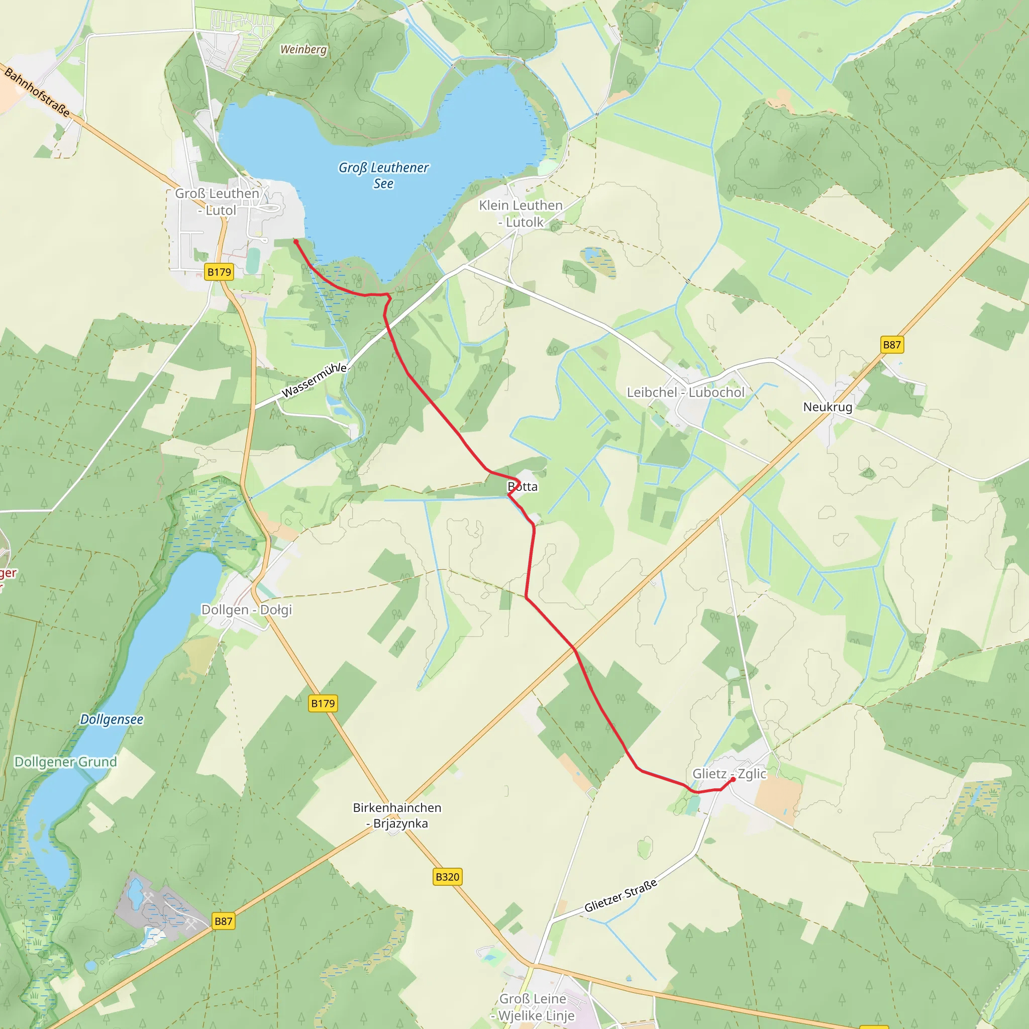 Groß Leuthener See from Glietz Zglic via Wanderweg Grosse Leuthen mobile static map