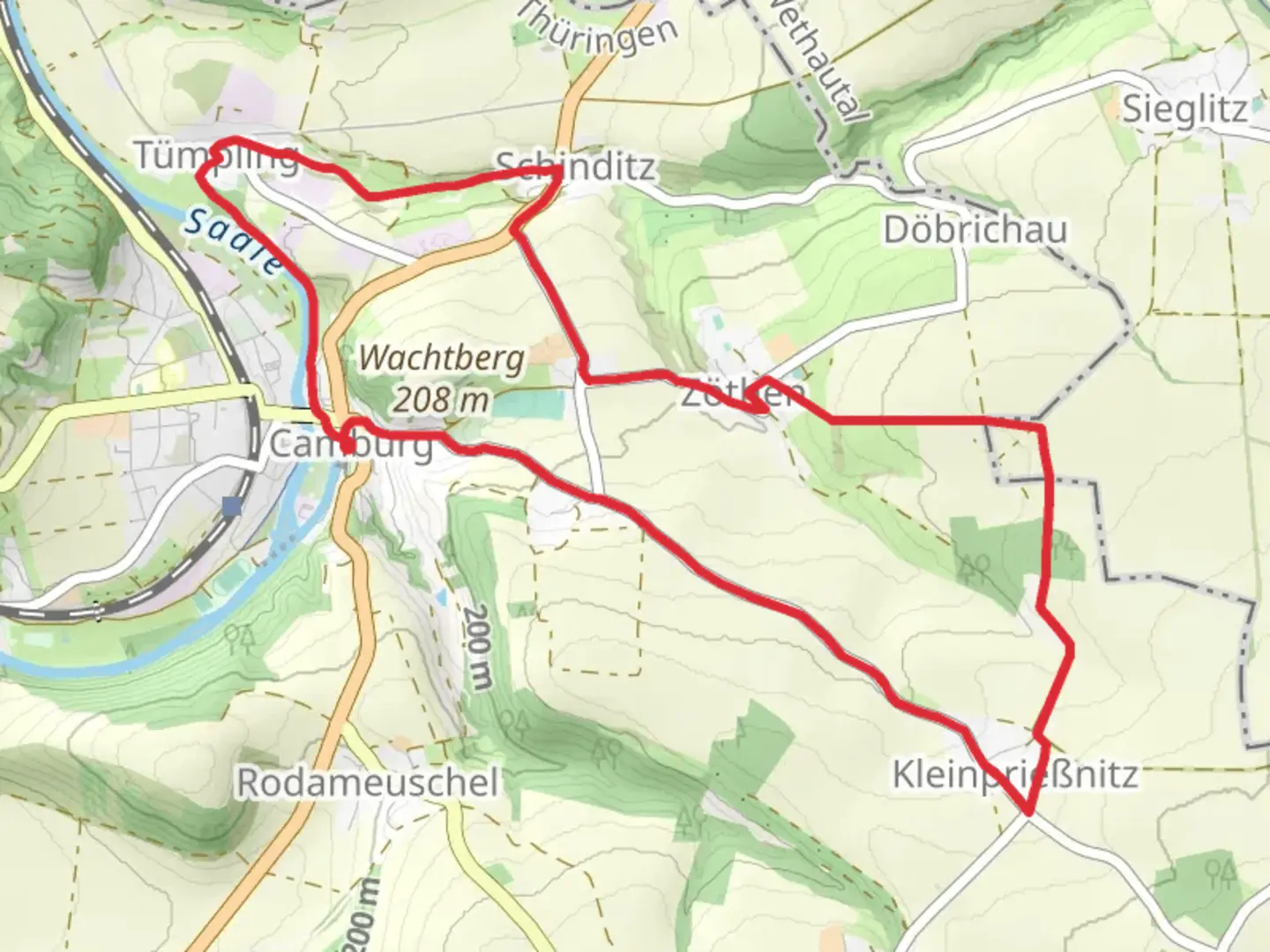 An image depicting the trail Saale via Schinditzgrund and its surrounding area.