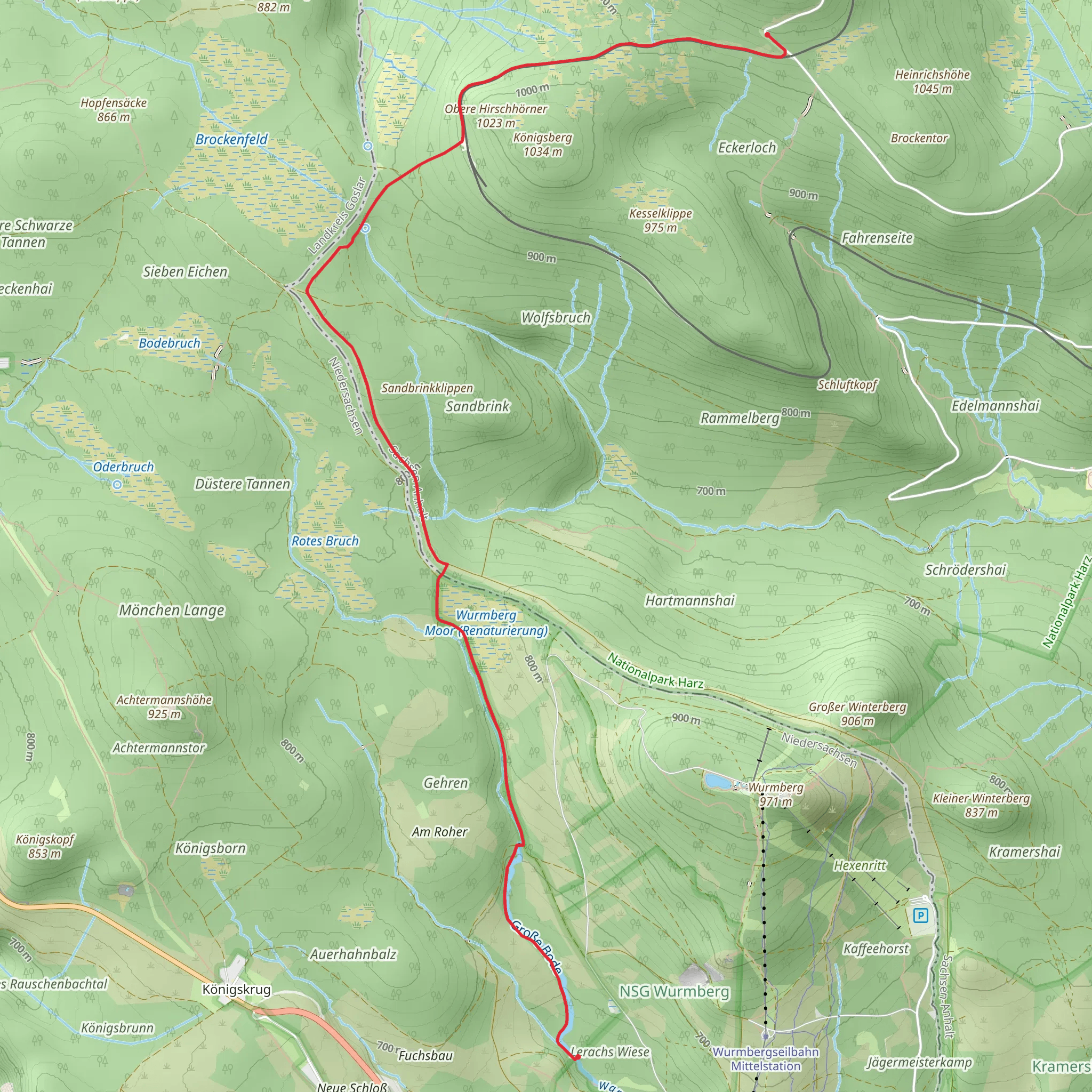 Brocken to Lerachs Wiese Walk via Grenzweg and Oberer Bodefall mobile static map