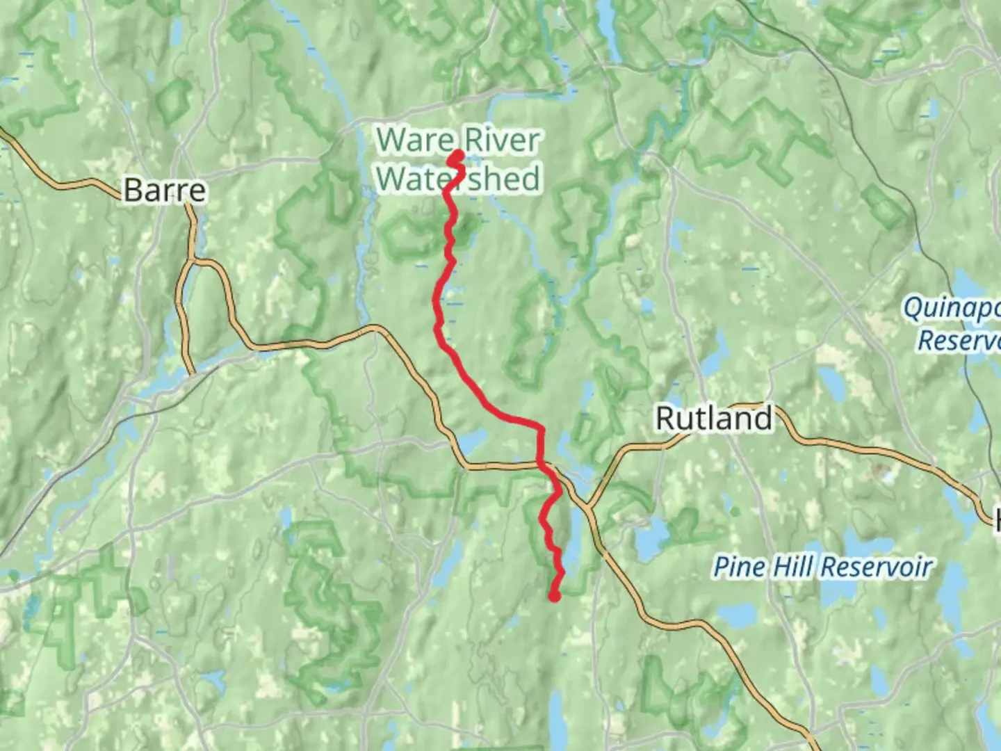 An image depicting the trail Long Pond to Ware River via Midstate Trail and its surrounding area.