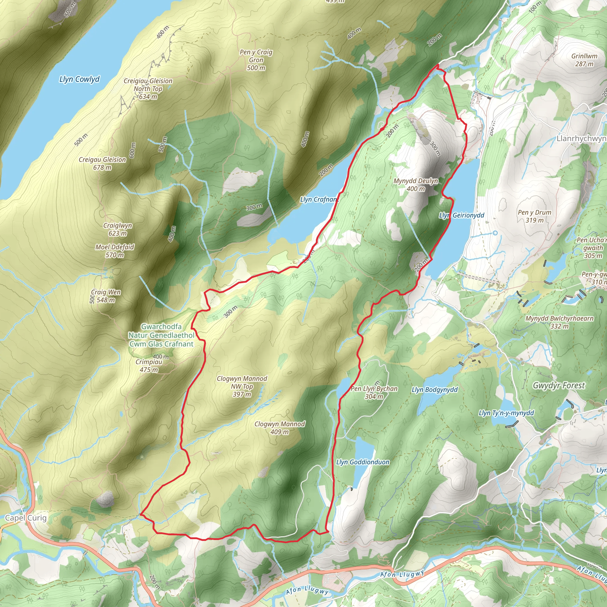 Llyn Geirionydd and Llyn Bychan from Llyn Crafnant mobile static map