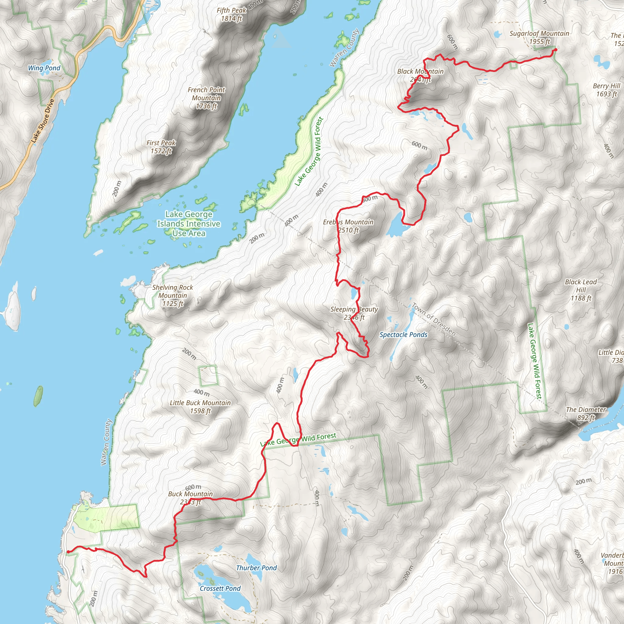Barber Bay to Pike Brook Road via Buck and Black Mountain Trail mobile static map