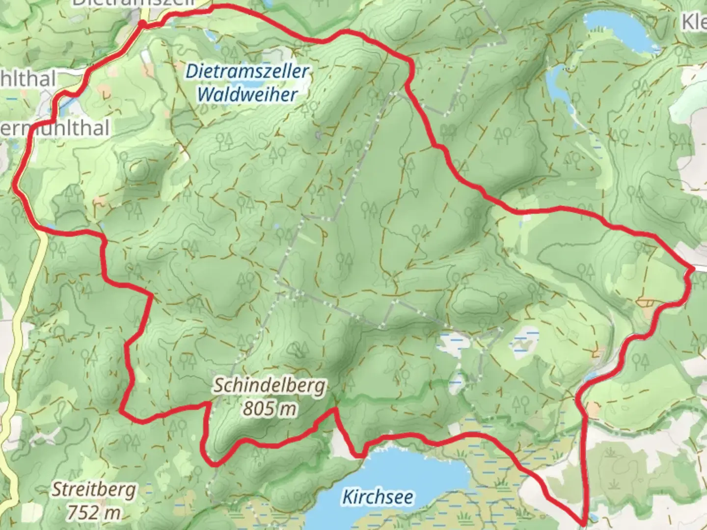 An image depicting the trail Dietramszell and Kirchsee Loop and its surrounding area.
