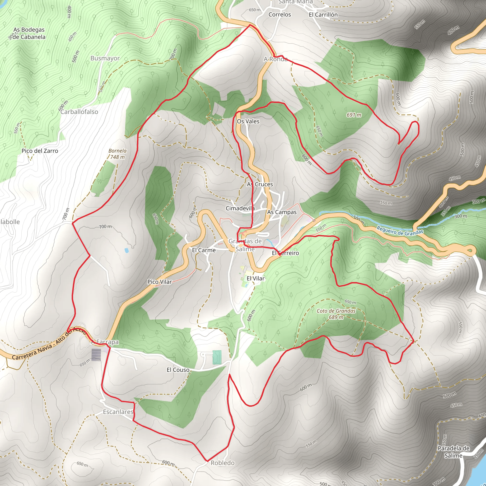 Route of the surroundings of Grandas mobile static map