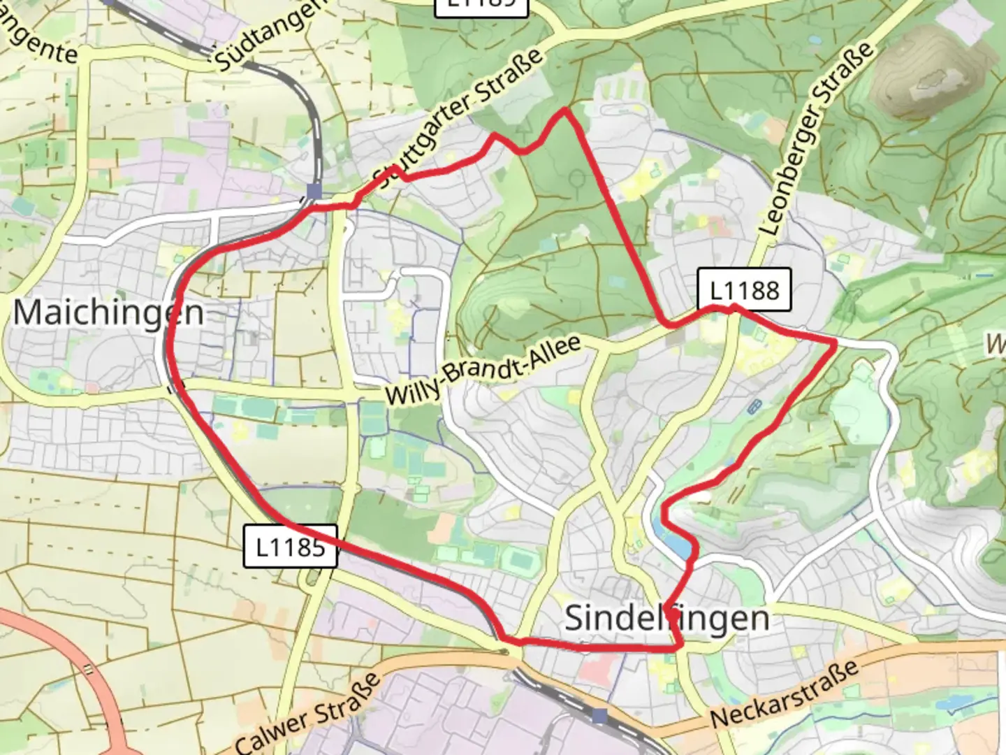 An image depicting the trail Klostersee via Blaue Raute Sindelfingen and Eichholzallee and its surrounding area.