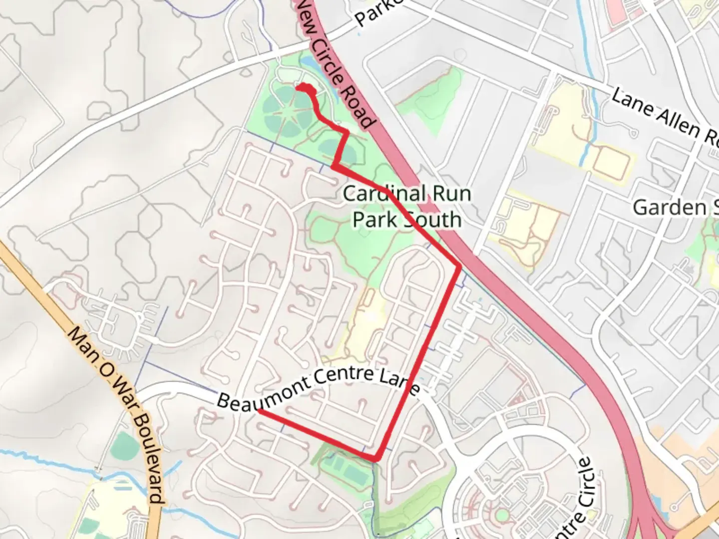 An image depicting the trail Cardinal Run Park South Walk and its surrounding area.