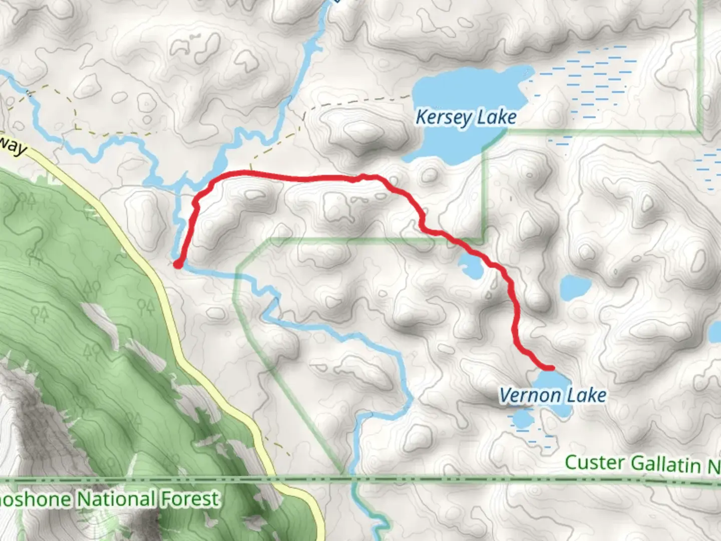 An image depicting the trail Vernon Lake and Lillis Lake via Russel Creek Trail and its surrounding area.