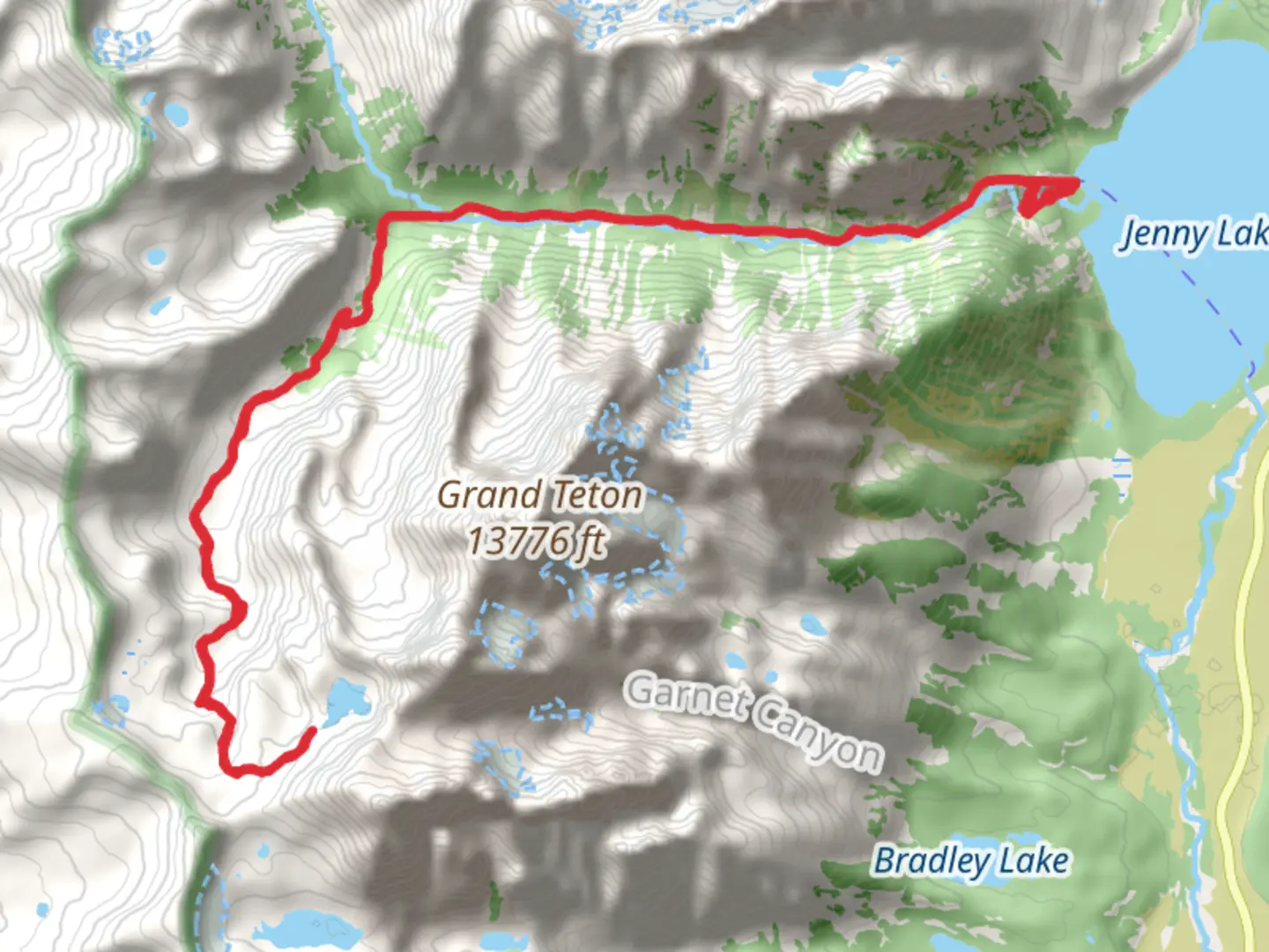 An image depicting the trail Icefloe Lake via Cascade Canyon Trail and its surrounding area.