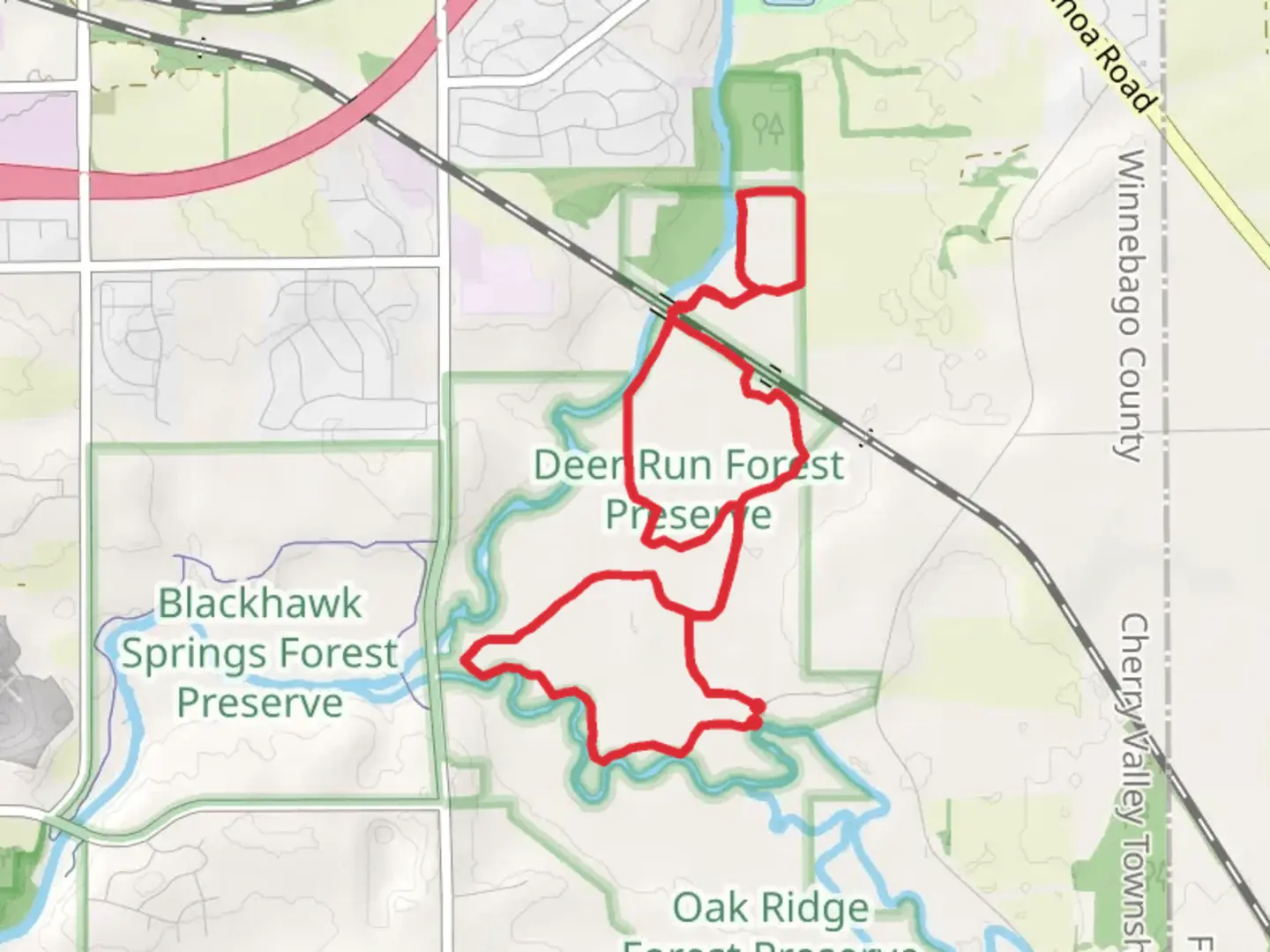 An image depicting the trail Red, Green and Blue Loop Path and its surrounding area.