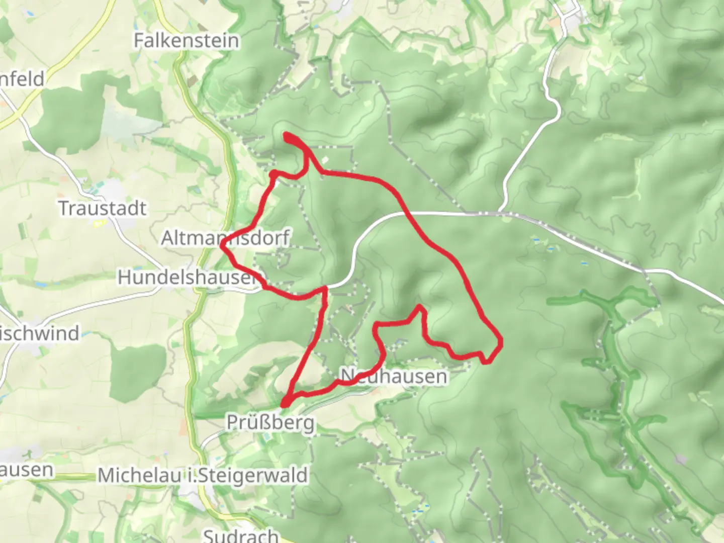 An image depicting the trail Neuhof Loop via Zablestein and its surrounding area.