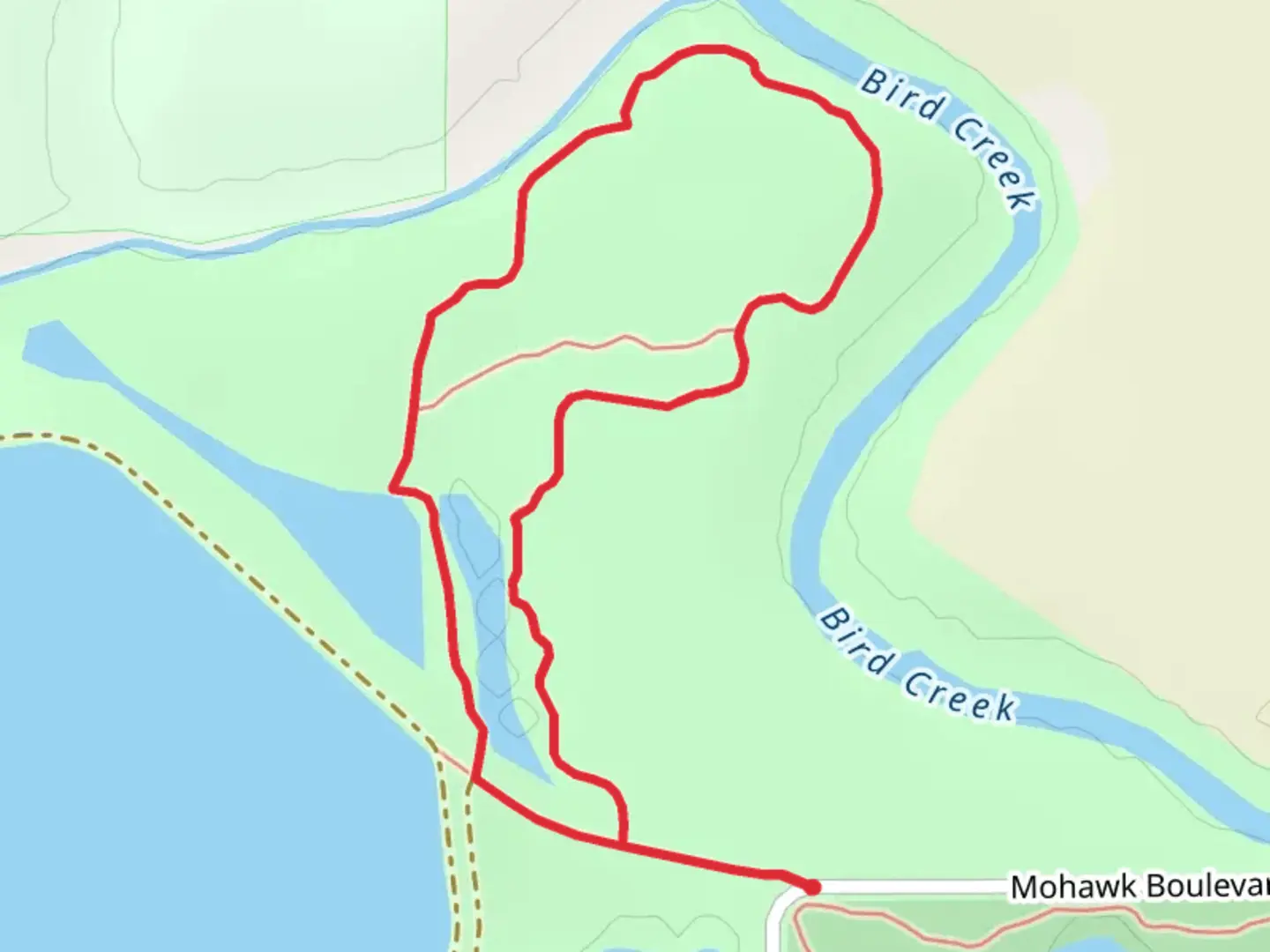 An image depicting the trail Loop around Bird Creek from Mohawk Boulevard and its surrounding area.