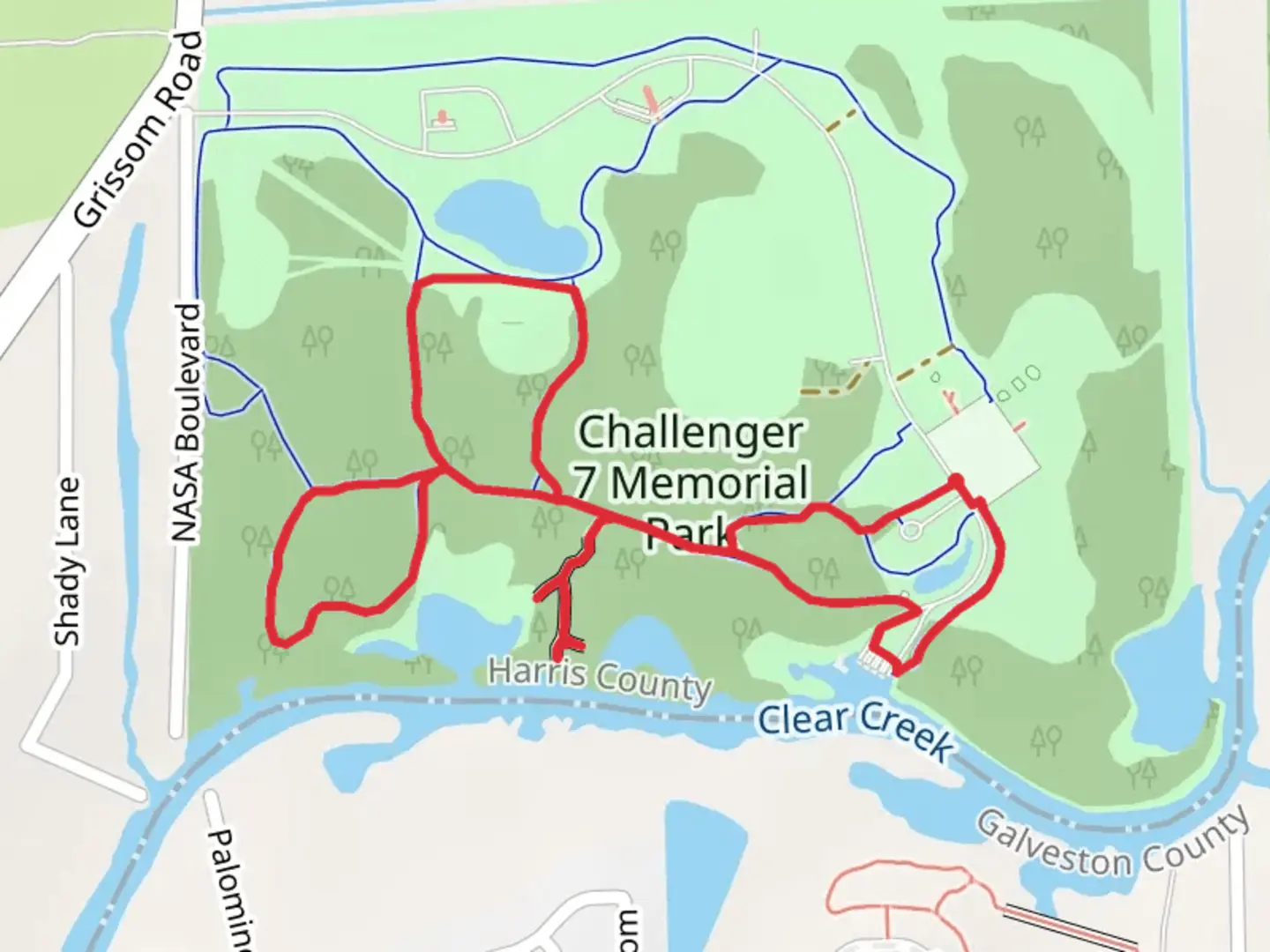 An image depicting the trail Challenger 7 Memorial Park Loop and its surrounding area.