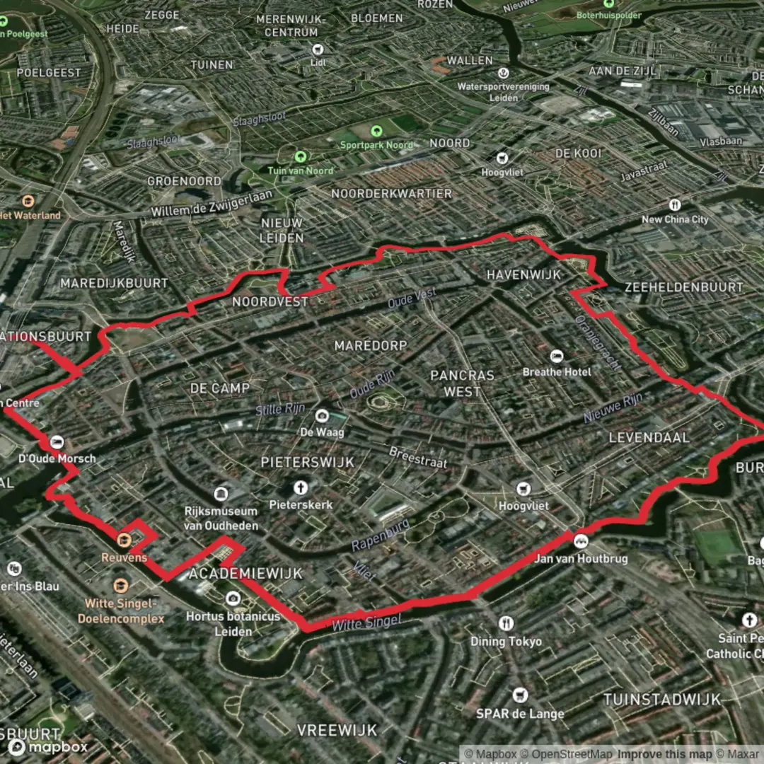 An image depicting the trail Binnenstad Loop via Zeoterwoudsesiongel and its surrounding area.