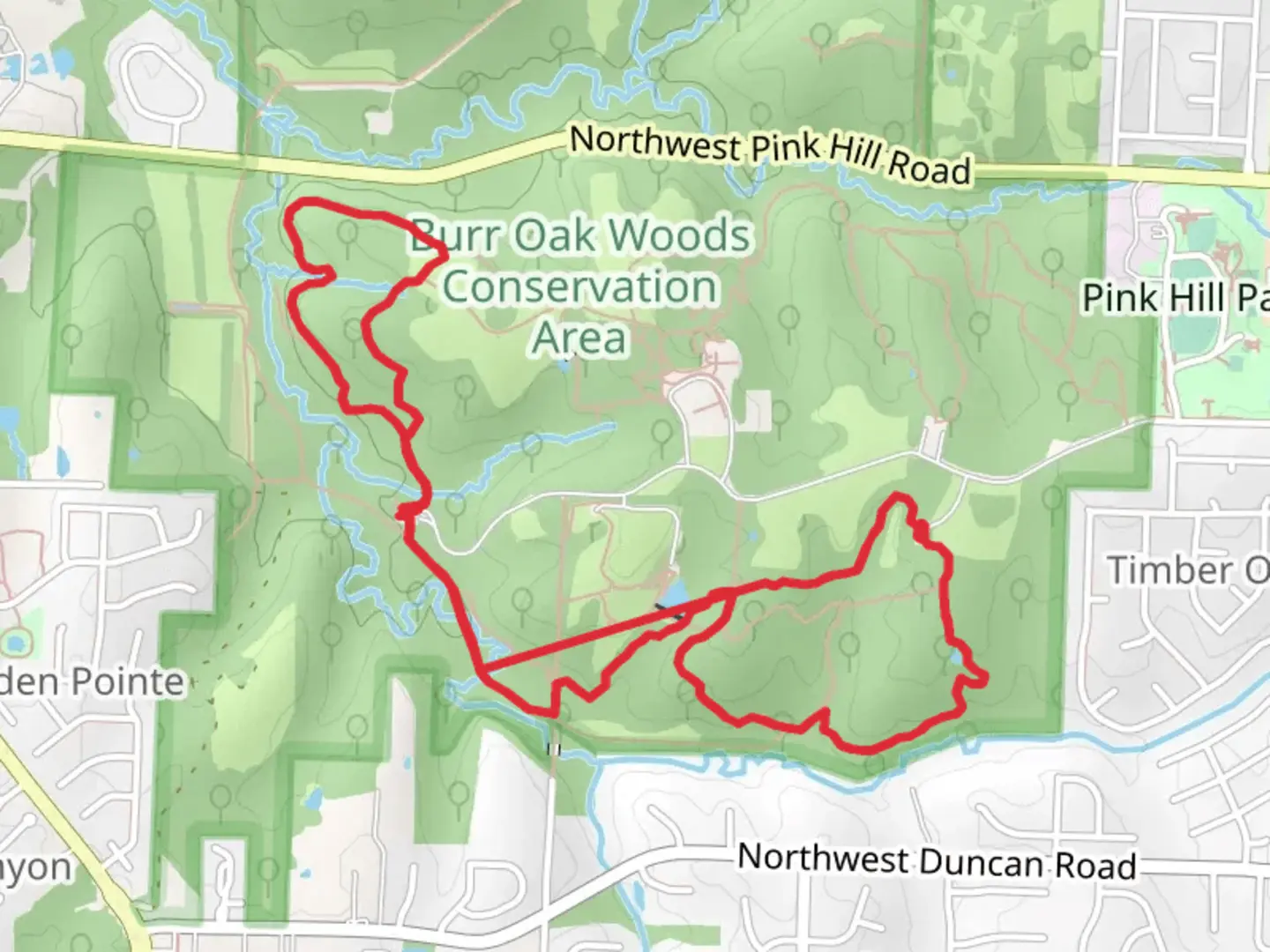 An image depicting the trail Wildlife Habitat, Bethany Falls and Hickory Grove Loop Trail and its surrounding area.