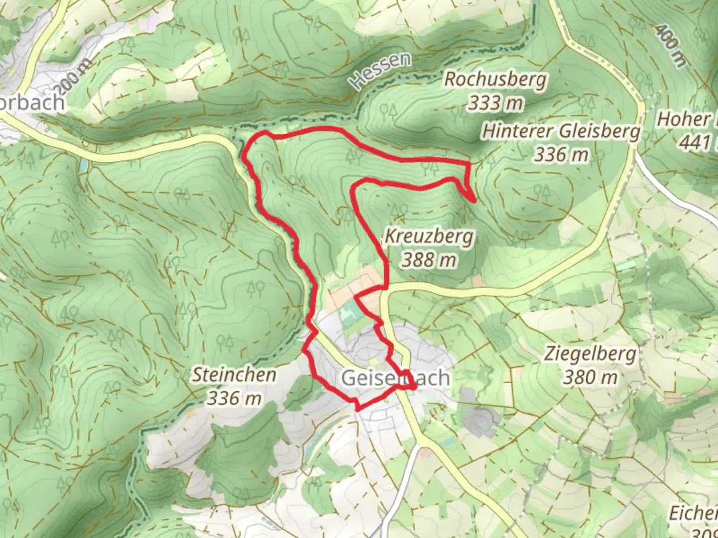 An image depicting the trail Geiselbach Loop and its surrounding area.