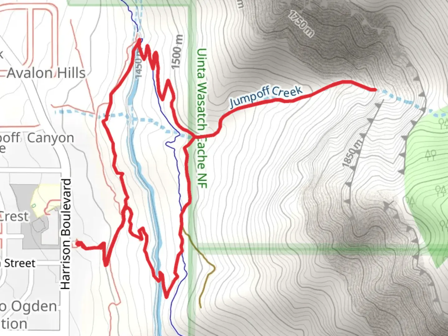 An image depicting the trail Jumpoff Canyon Trail and its surrounding area.