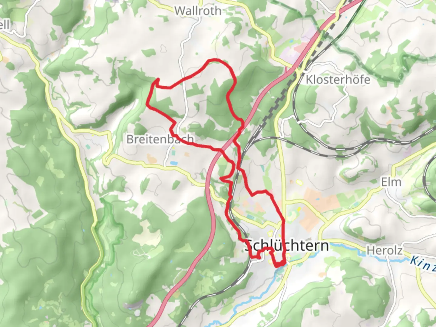 An image depicting the trail Schluechtern Wanderweg and Hessenweg 5 and its surrounding area.