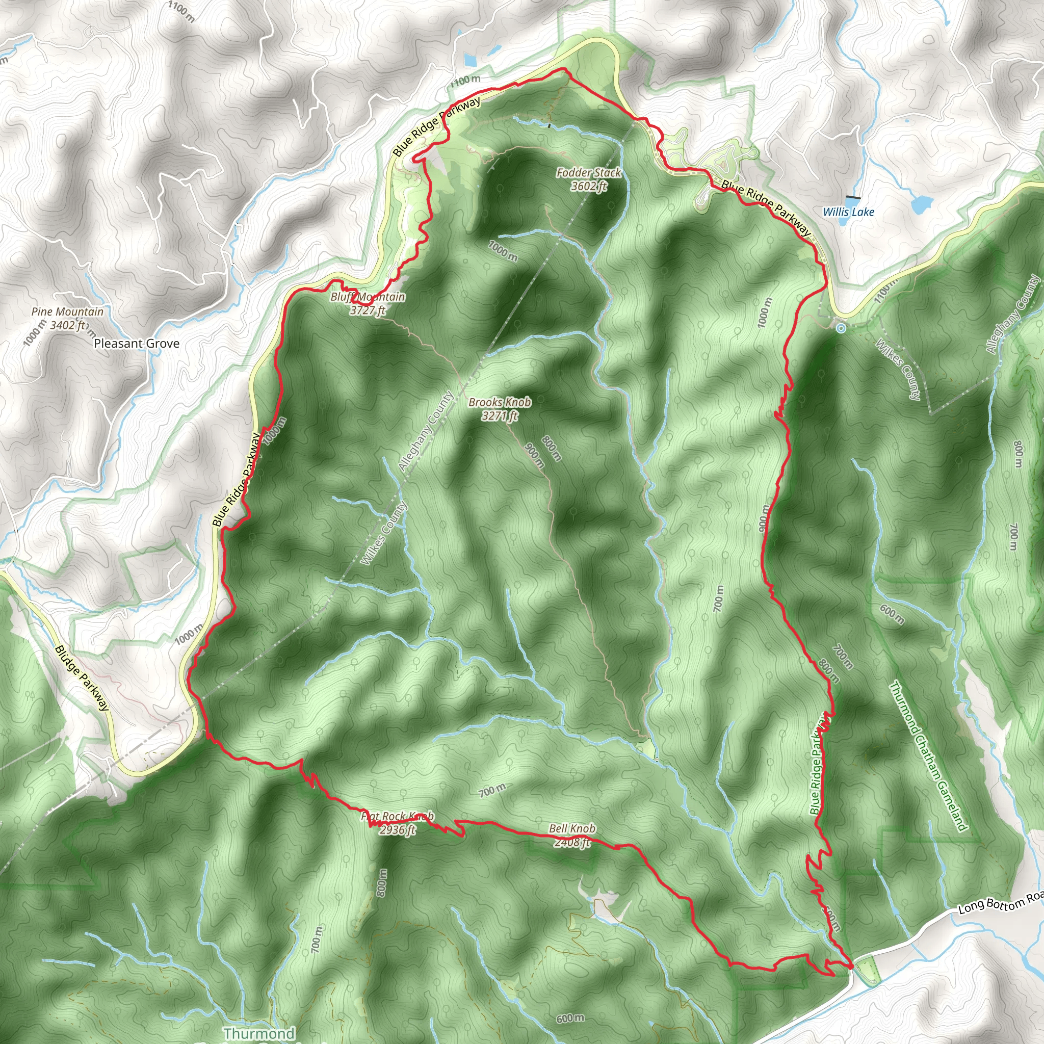 Cedar Ridge, Bluff Mountain, Flat Rock Knob and Bell Knob Loop Trail mobile static map