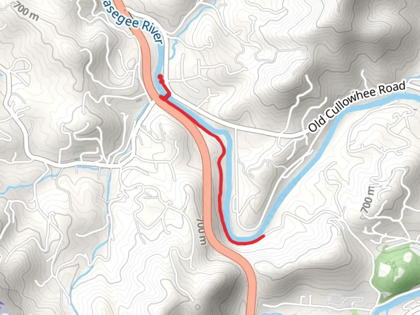 An image depicting the trail Jackson County Greenway from Old Cullowhee Road and its surrounding area.