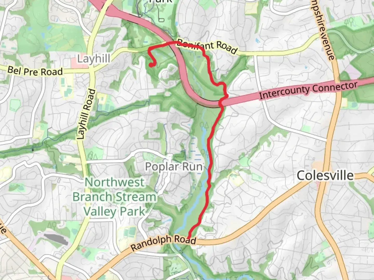 An image depicting the trail Northwest Branch Trail and its surrounding area.