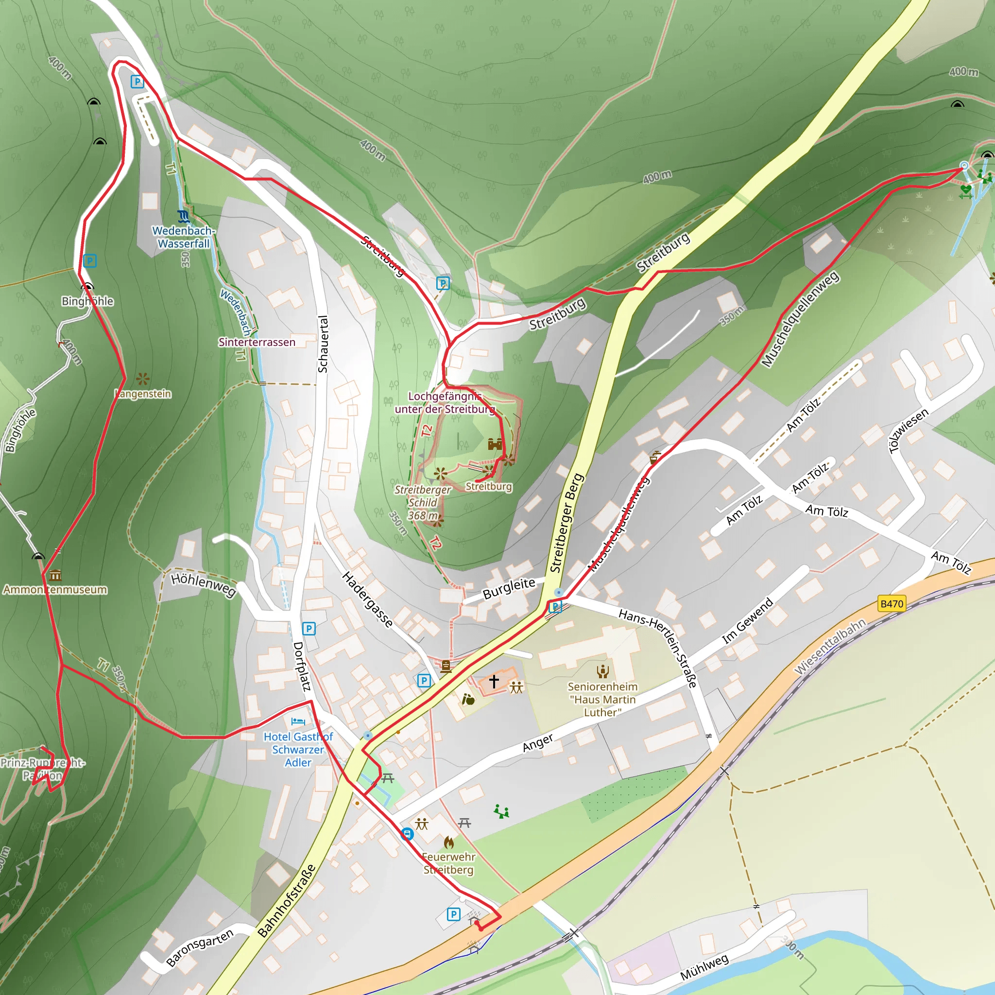 Streitburg, Binghoehle and Prinz-Rupprecht-Pavillon via Oberjaugermarter mobile static map